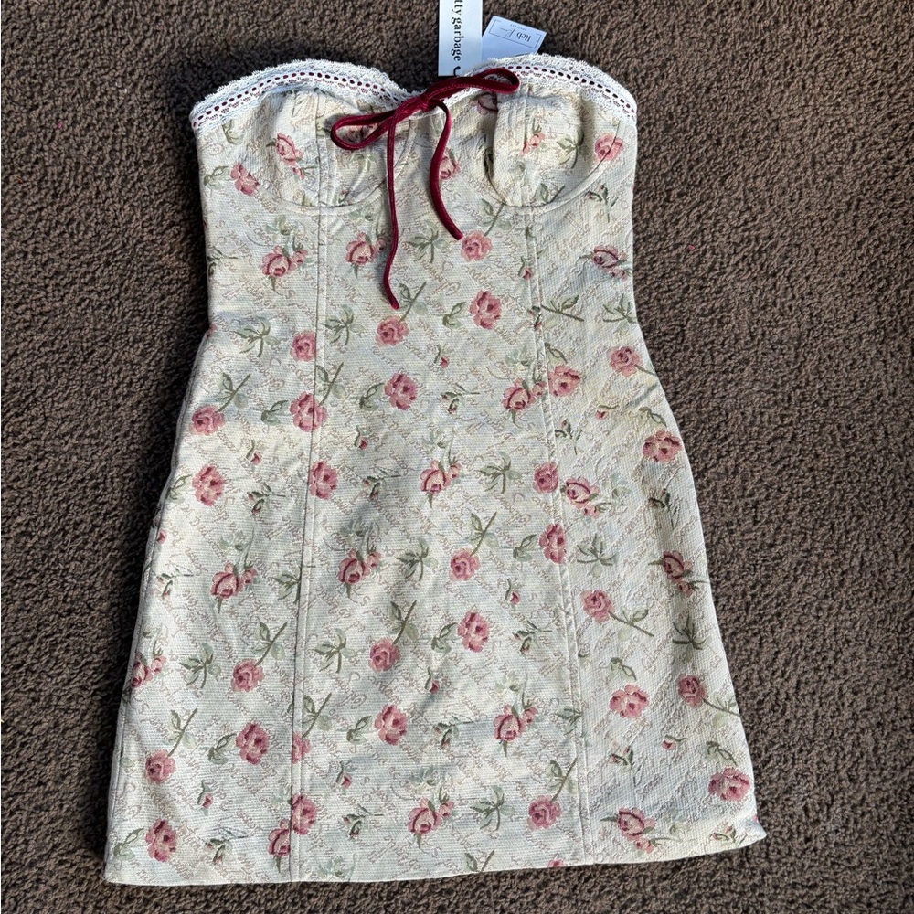 Floral Strapless Dress with Lace Trim